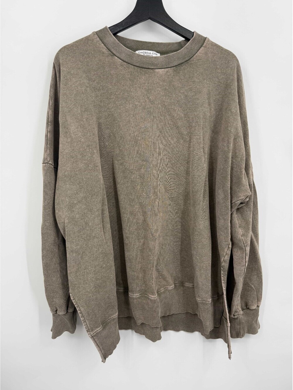 Chic Soul Womens Sweatshirt Mineral Wash Olive Green Side Slits Cotton Size 4XL